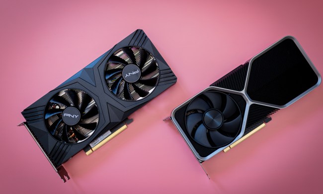 Nvidia's RTX 4070 graphics cards over a pink background.