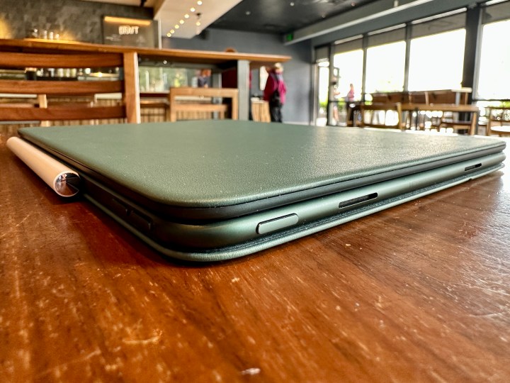 OnePlus Pad in Magnetic Keyboard Case on table showing buttons