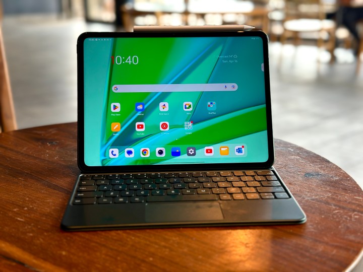 OnePlus Pad in keyboard case open on cafe table