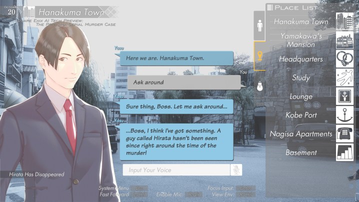 Un jugador conversa con un NPC en The Portopia Serial Murder Case.