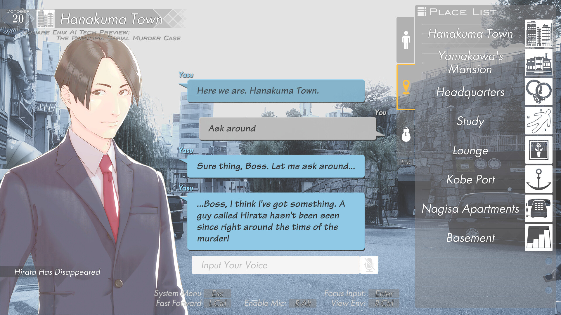 Um jogador conversa com um NPC em The Portopia Serial Murder Case.