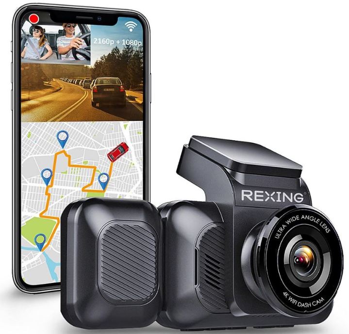 Rexing front and rear dash cams with a smart phone in the background.
