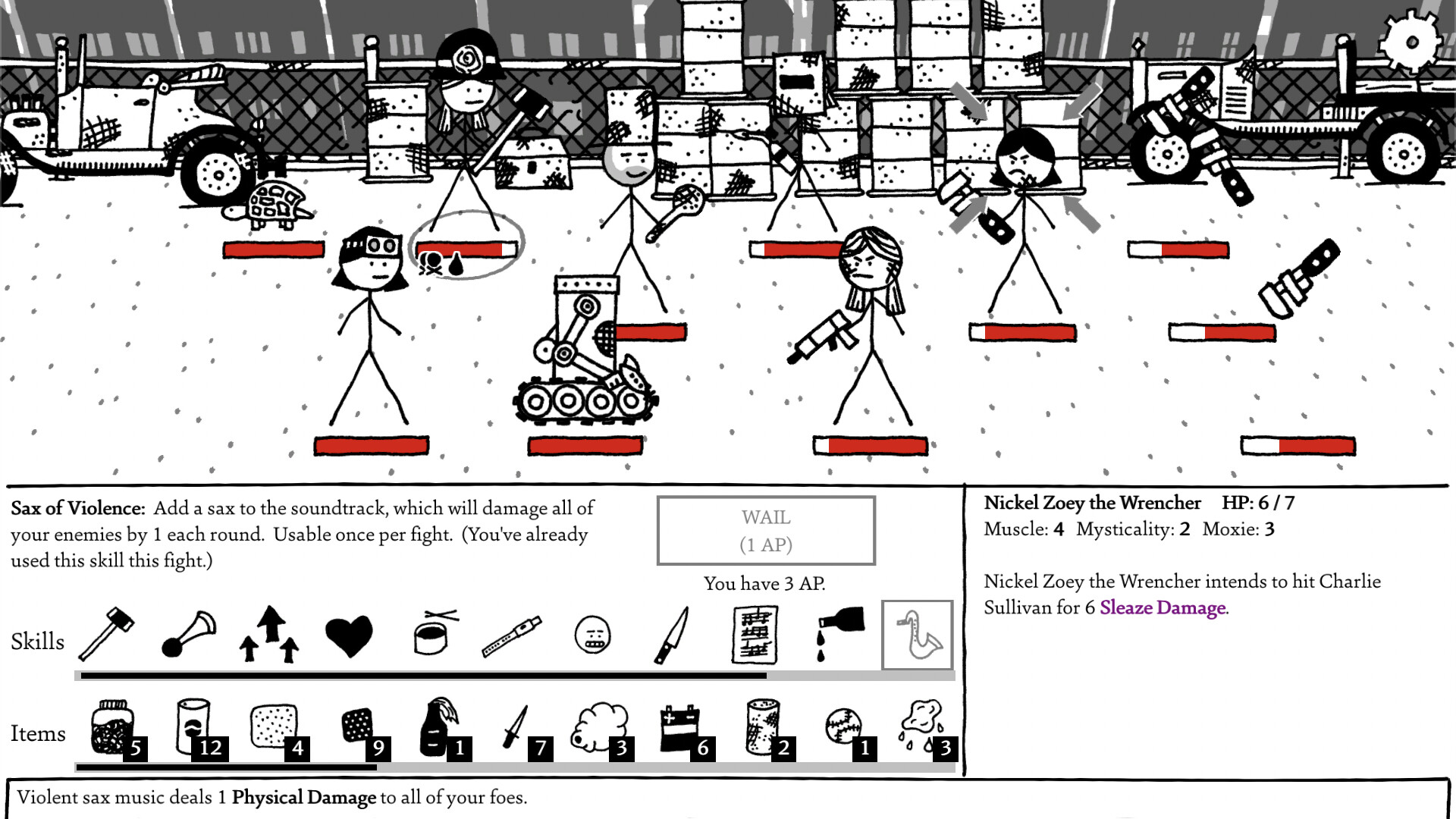 Stick figures battle in a turn-based combat encounter in Shadows Over Loathing.