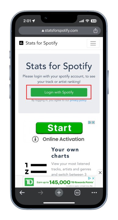 صفحه ورود به سیستم Spotify Stats در آیفون.