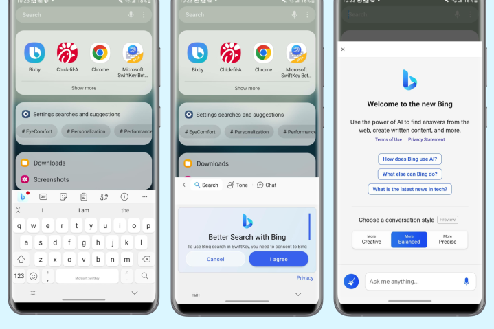 Скриншоты чата Bing, работающего через клавиатуру SwiftKey на Android.