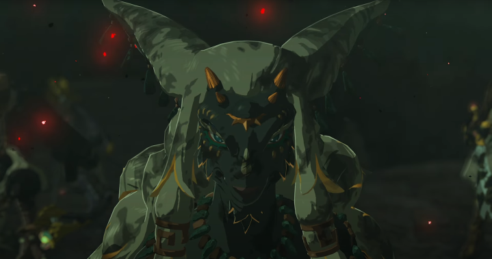 Uma criatura semelhante a um dinossauro olha ameaçadoramente em The Legend of Zelda: Tears of the Kingdom.