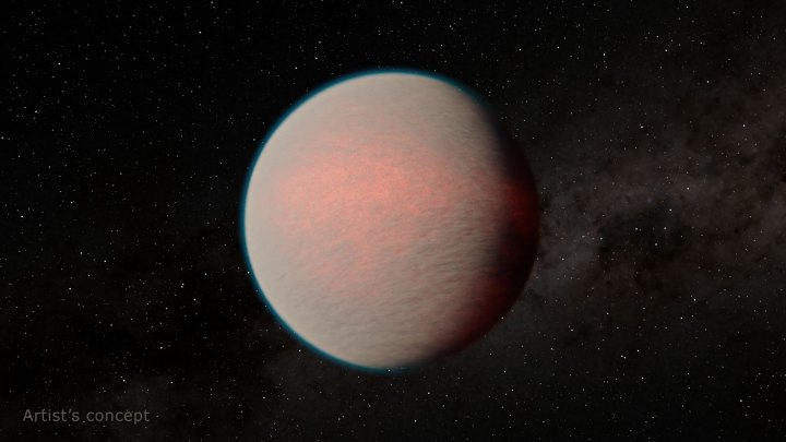 El concepto de este artista representa el planeta GJ 1214 b, un "mini-Neptuno" con lo que probablemente sea una atmósfera húmeda y brumosa. Un nuevo estudio basado en observaciones del telescopio Webb de la NASA proporciona información sobre este tipo de planeta, el más común en la galaxia.