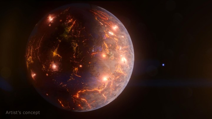 El exoplaneta LP 791-18 d, ilustrado en el concepto de este artista, es un mundo del tamaño de la Tierra a unos 90 años luz de distancia. Un planeta más masivo en el sistema, que se muestra como un pequeño punto azul a la derecha, ejerce un tirón gravitacional que puede provocar calentamiento interno y erupciones volcánicas, como en la luna Io de Júpiter.