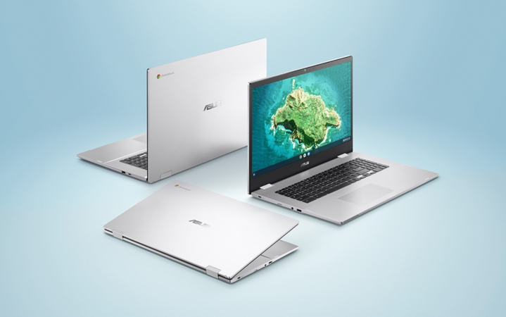 The Asus CXB170CKA Chromebook at different angles.