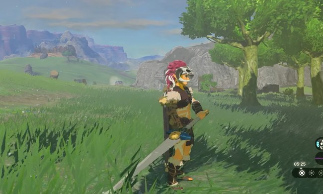 Link holding the biggoron sword in hyrule field.