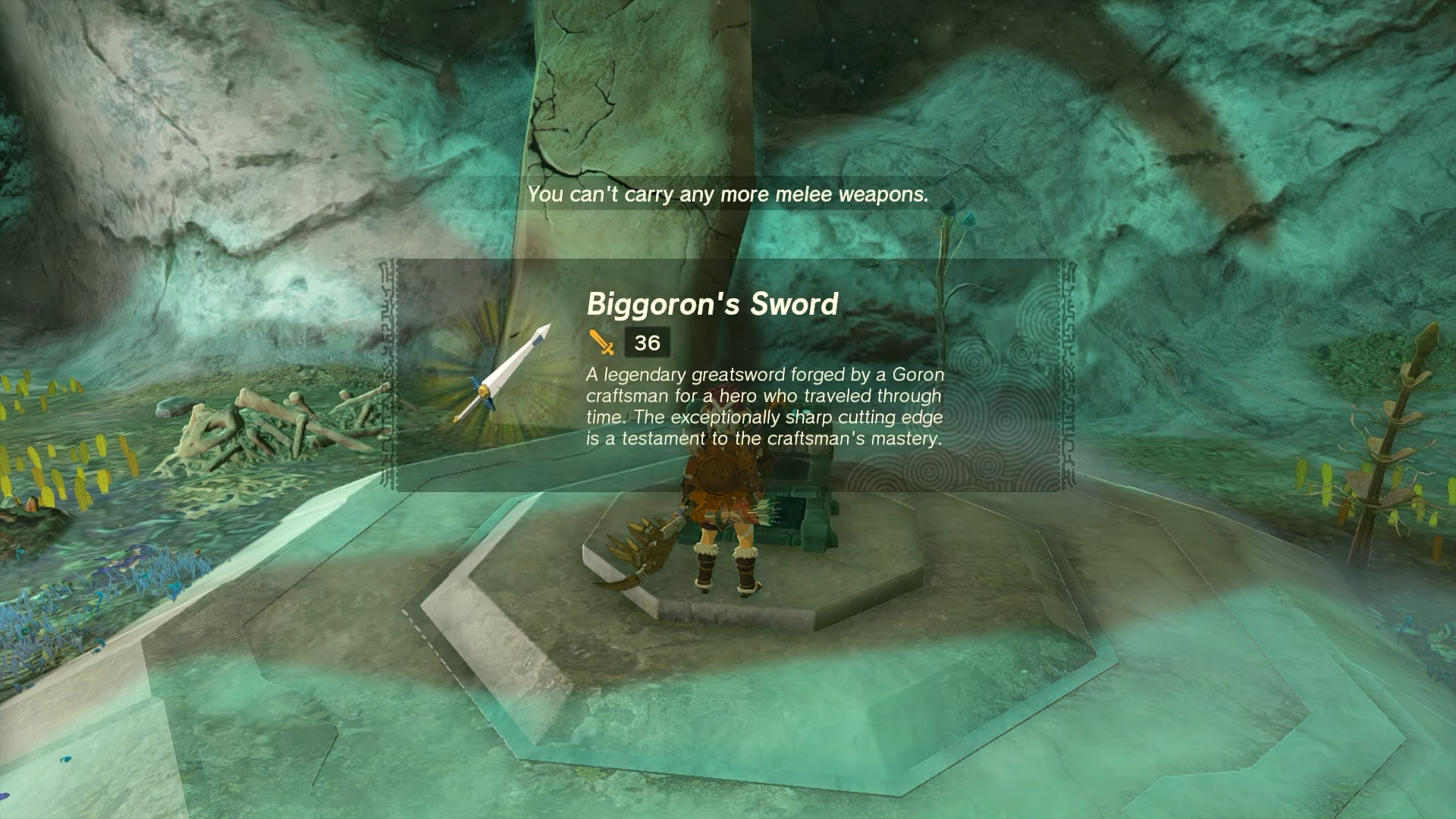 Link coletando a espada do biggoron de um baú.