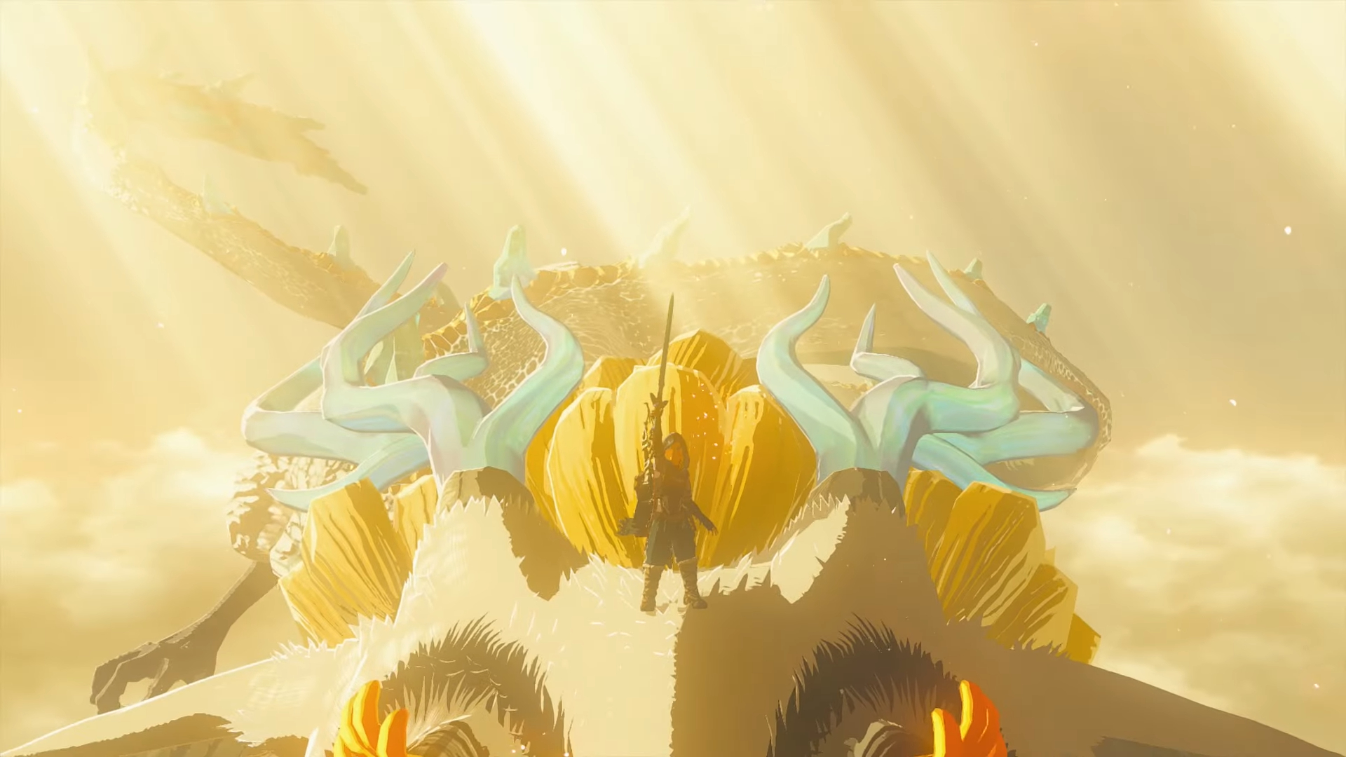 Link segura a espada mestra em cima de um dragão.