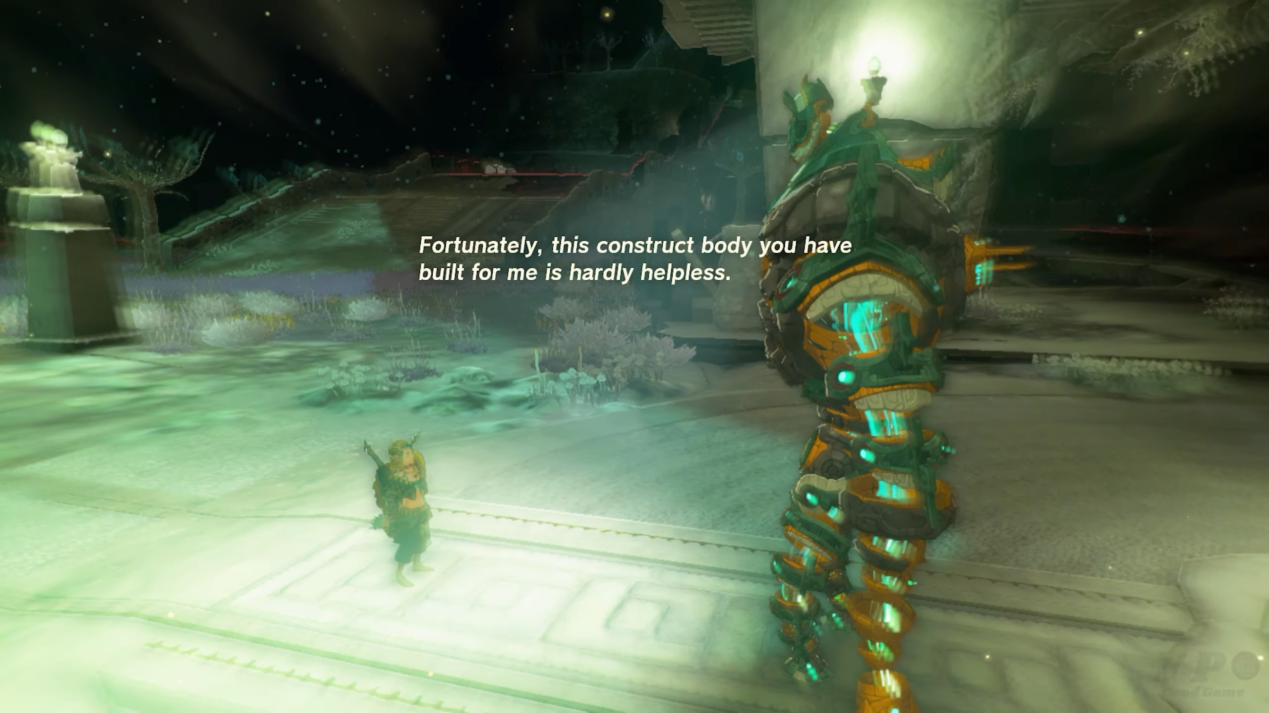 Link conversando com um constructo gigante.