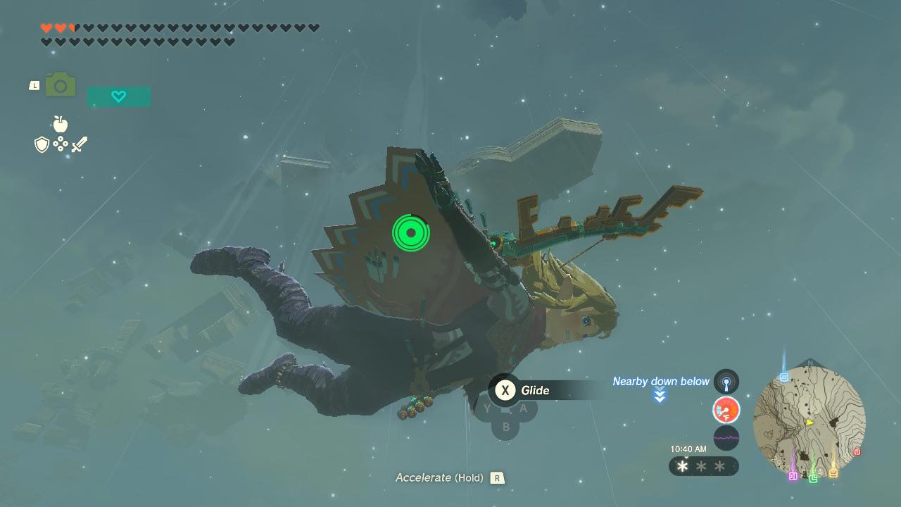 Link gliding in the sky wearing the wingsuit in Tears of the Kingdom.