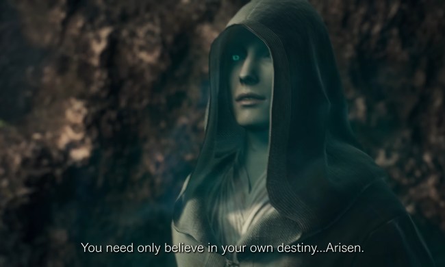 A glowing man in a hood talking to the Arisen.