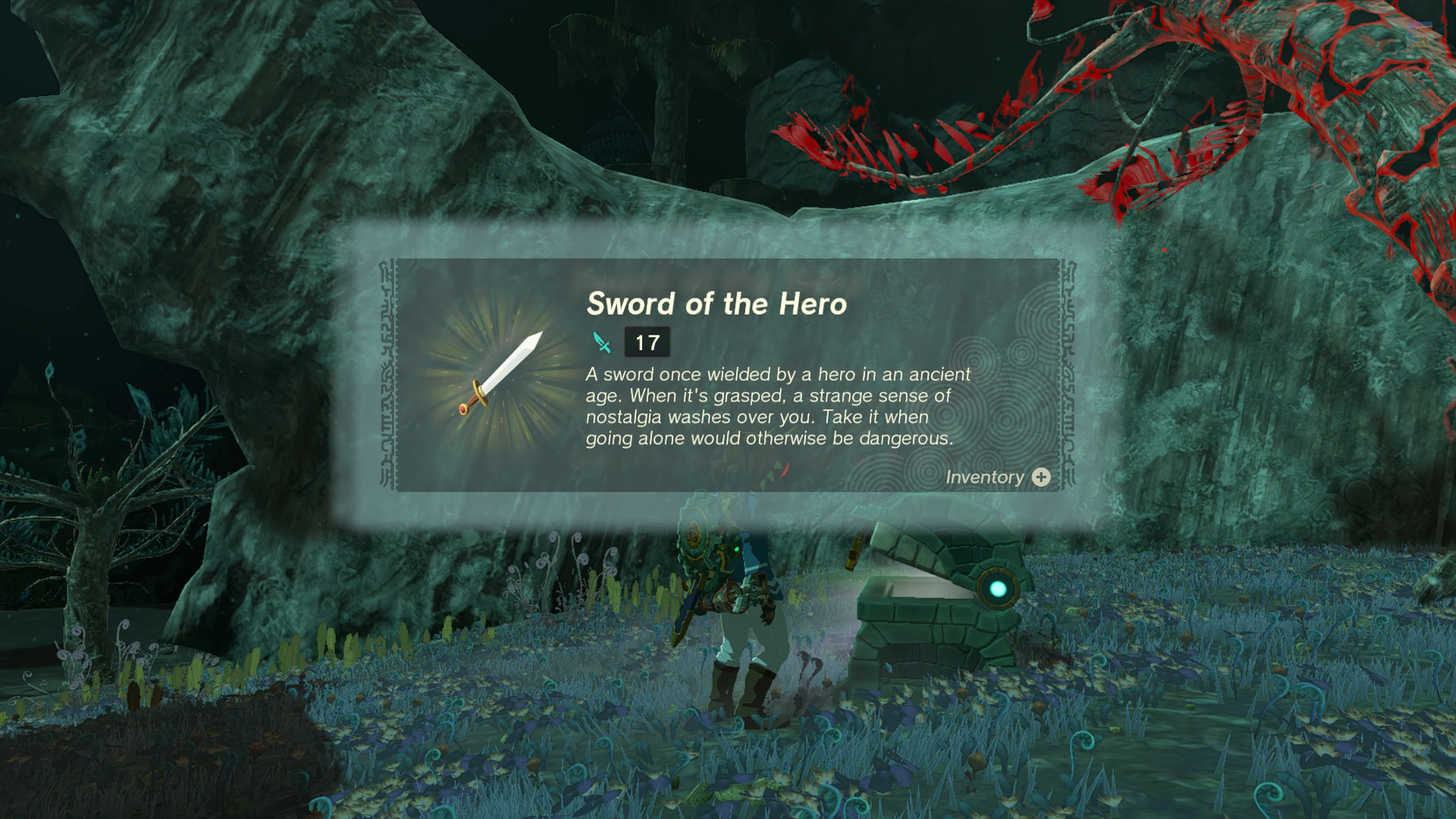 Link pegando a espada do herói de um baú.