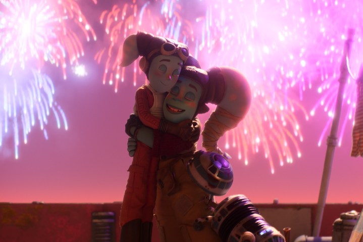 A mother and daughter hug in front of fireworks in Star Wars: Visions Volume 2.