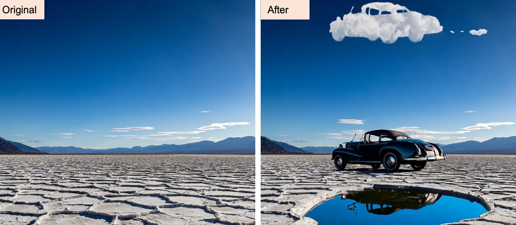 A mudflat on the left with mountains in the background. On the right is the same mudflat with a car and pond superimposed into the foreground and a car-shaped cloud in the sky. This image was made with Adobe Photoshop's Generative Fill tool.