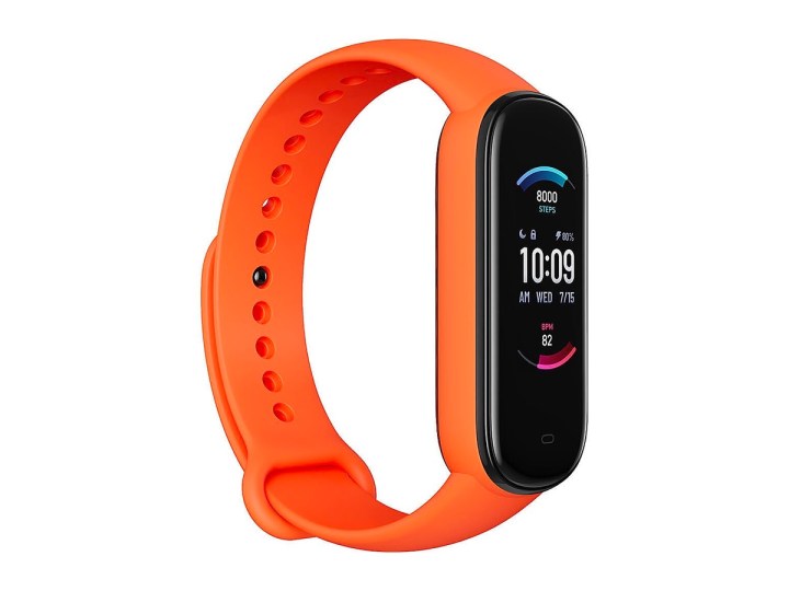 An Amazfit Band 5 fitness tracker in orange against a white background.