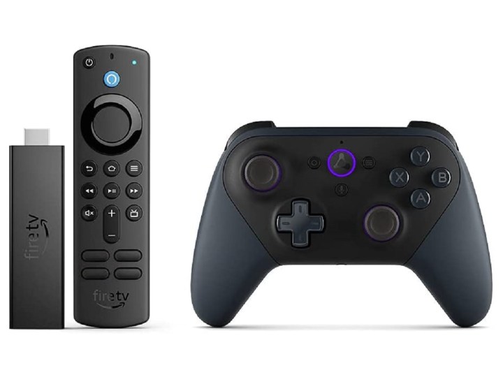 Amazon's Fire TV Stick 4K Max and Luna Controller, on a white background.