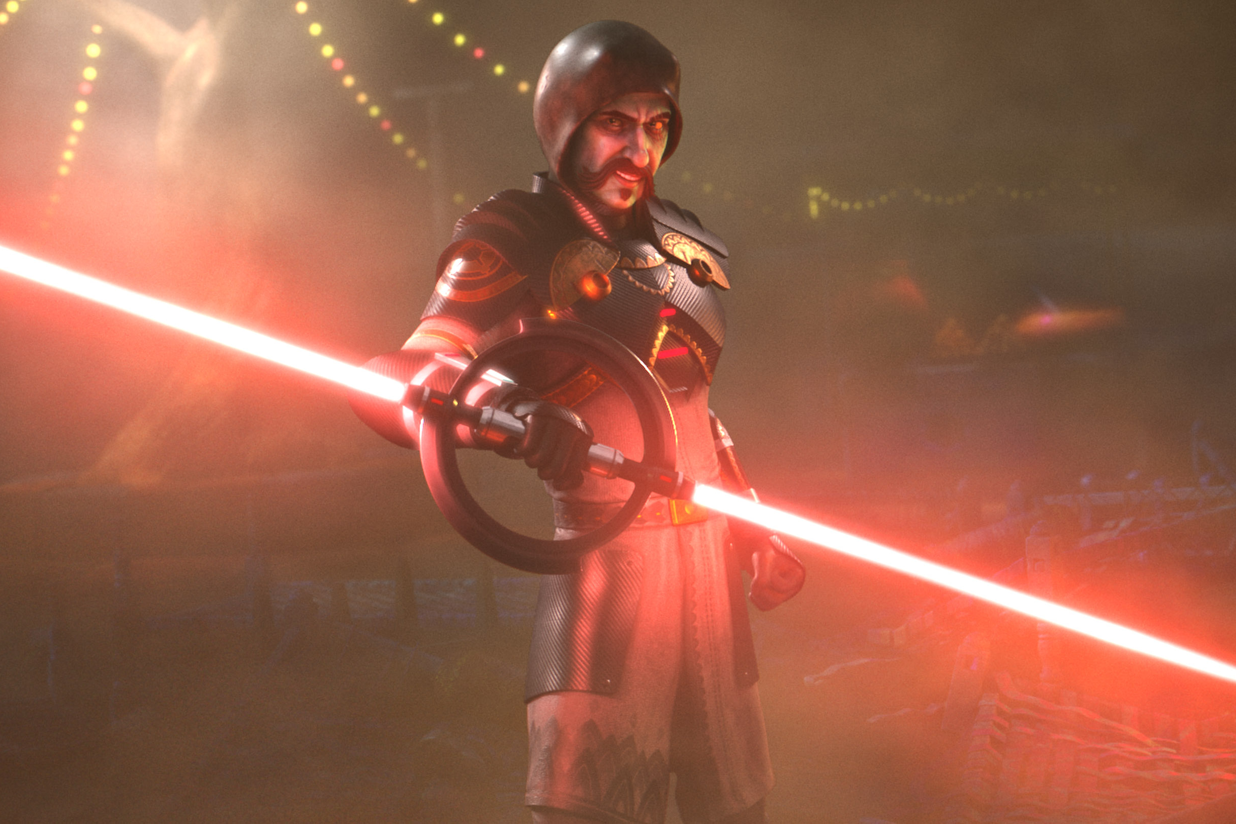 Um Inquisidor empunha um sabre de luz vermelho em Star Wars: Visions Volume 2.
