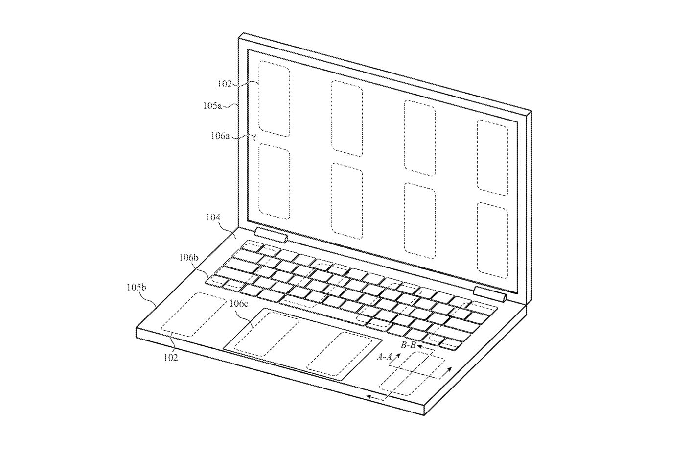 An image from an Apple patent showing a MacBook laptop equipped with various haptic sensors underneath the display, keyboard, trackpad and wrist rest area.