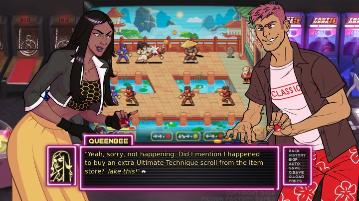 Two characters, including QueenBee, play an arcade game that features fighting.
