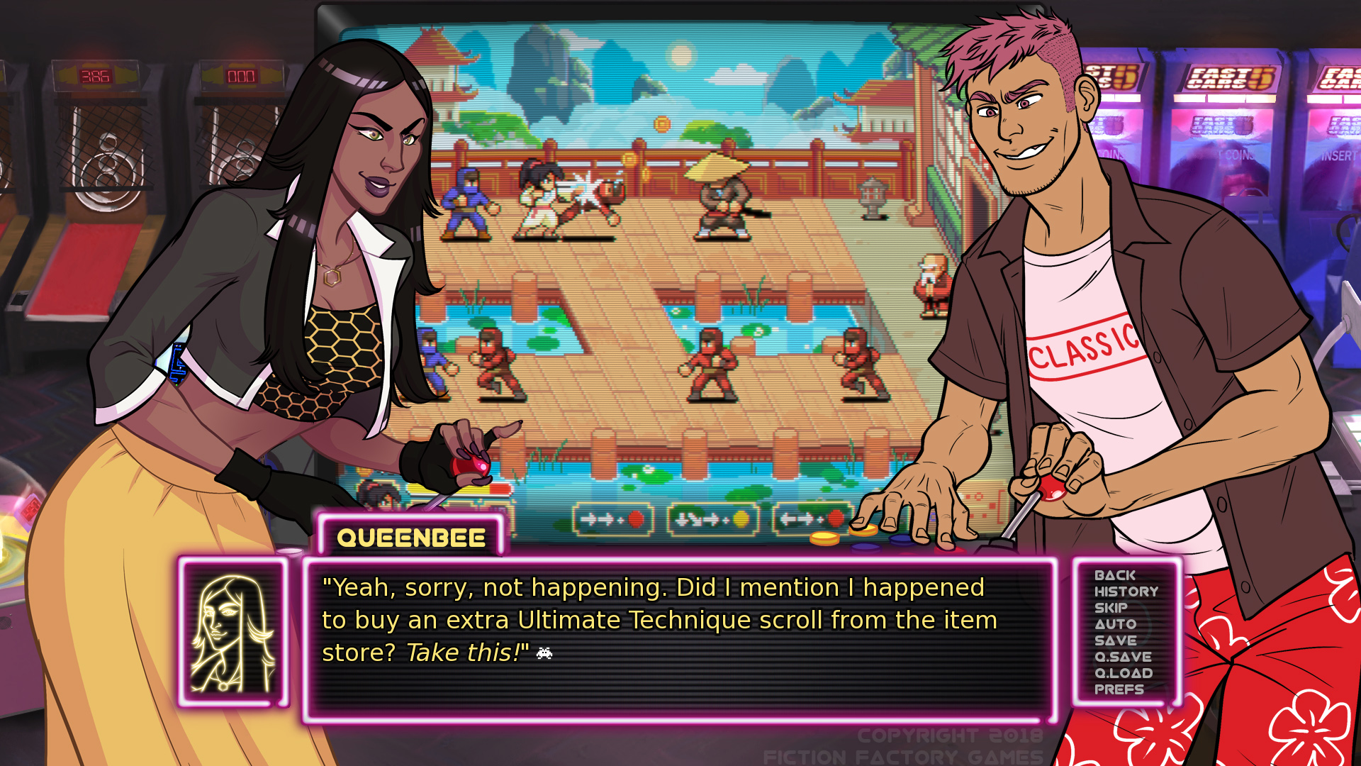 Dois personagens, incluindo QueenBee, jogam um jogo de arcade que apresenta luta.
