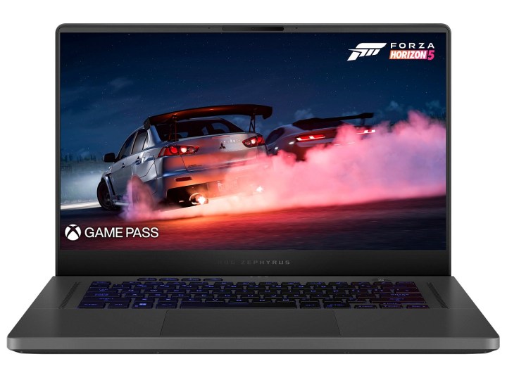 The Asus ROG Zephyrus G15 gaming laptop with Forza Horizon 5 on its screen.