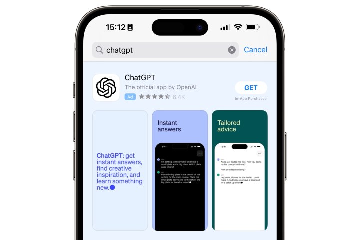 ChatGPT page in iPhone App Store search results.