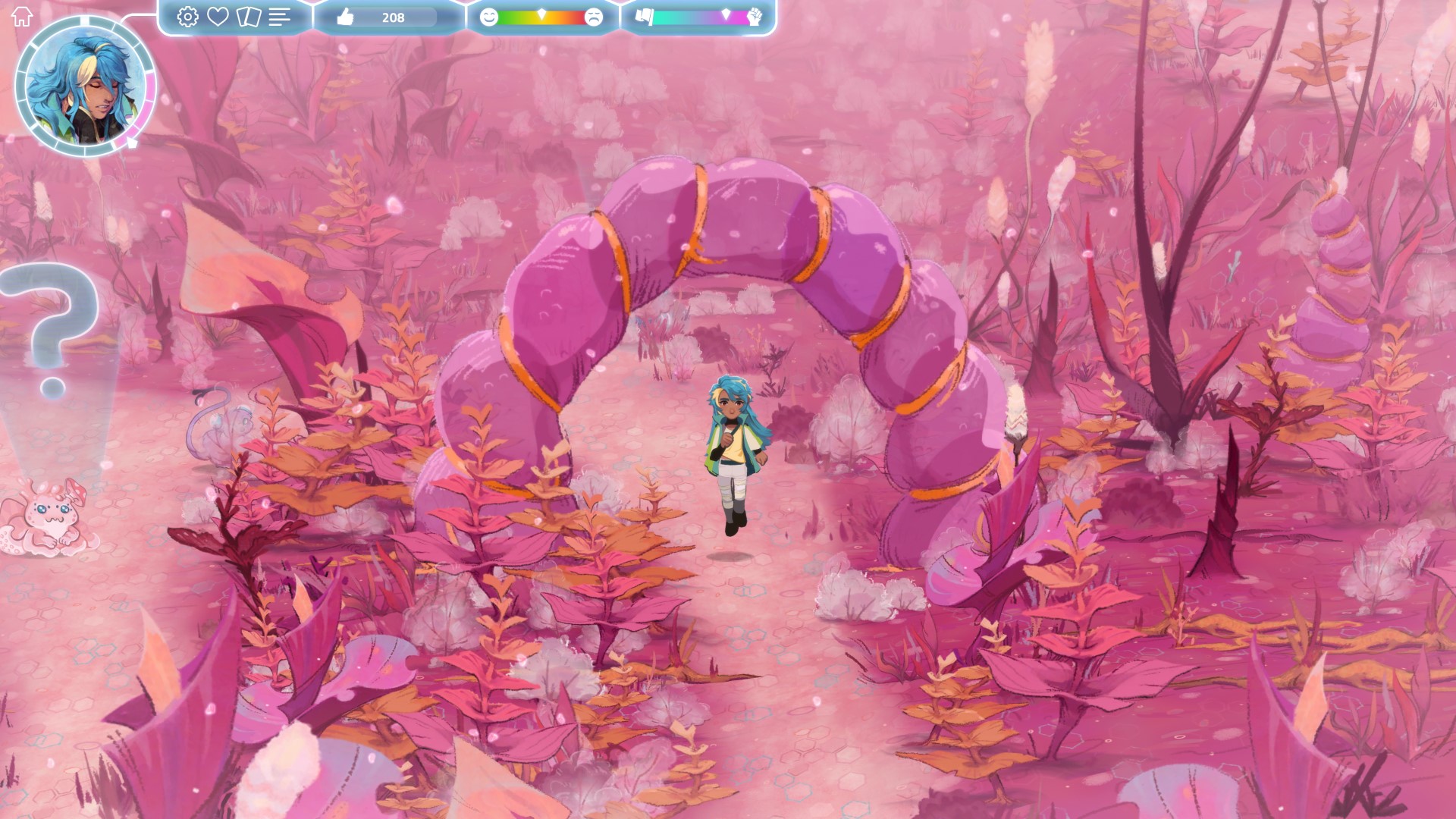 O personagem principal, Sol, caminha por um caminho rosa cercado por folhagem rosa e um arco de pedra rosa.