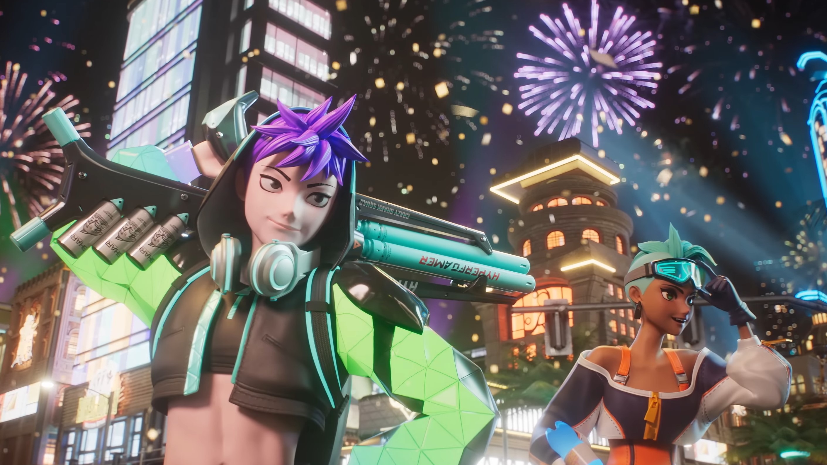 Characters wielding strange weapons in the streets of a bright city in the Foamstars trailer.