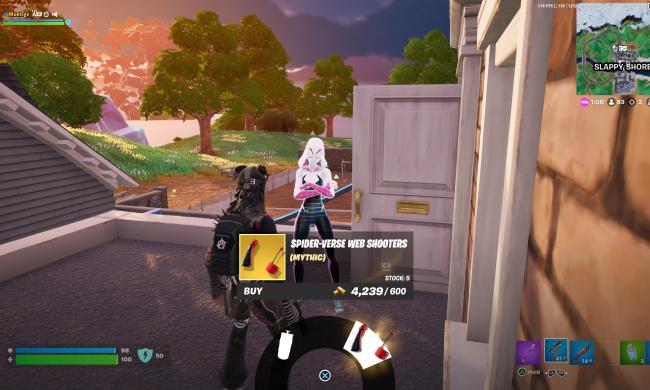 Fortnite character speaks with Gwen to buy Spider-Verse web-shooters