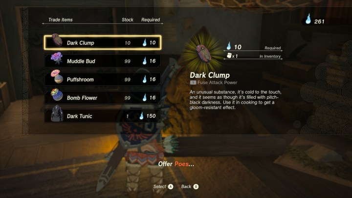 A menu showing Dark Clumps for sale