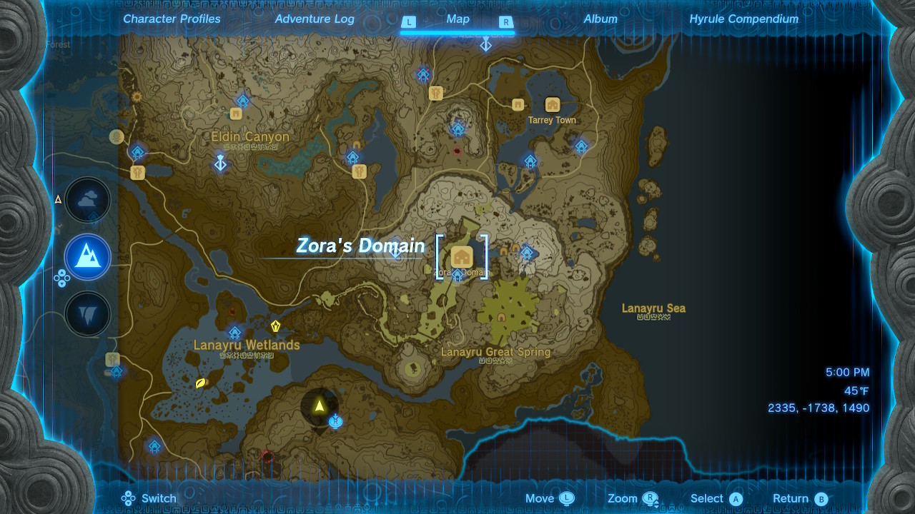 Localização do domínio de Zora no mapa de Link