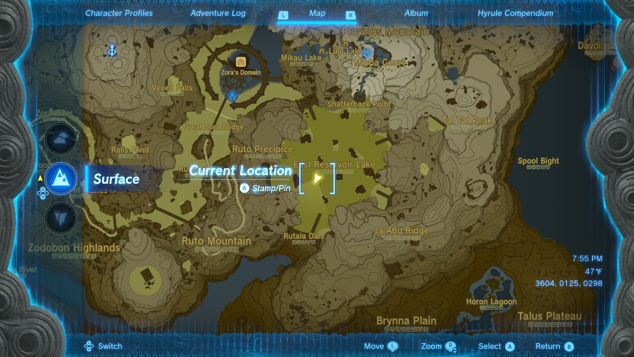 Localização do Ancient Zora Waterworks no mapa de Link