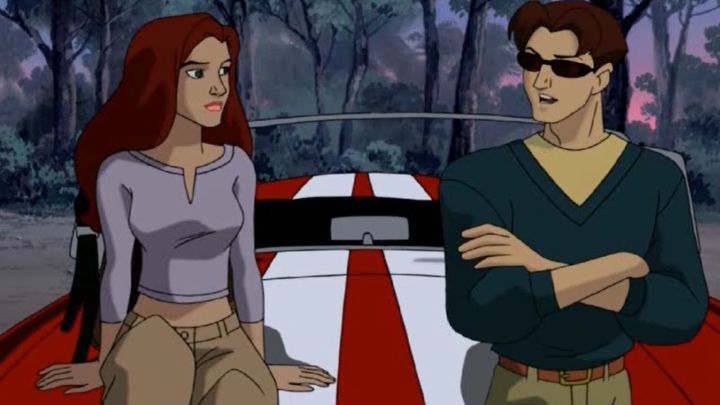 Jean Grey and Scott Summer leaning against a red sports car and talking in X-Men: Evolution.
