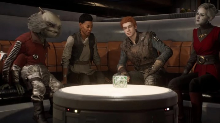 Кэл сидит с остальной командой на «Богомоле» в «Звездных войнах: Джедаи: Павший Орден».