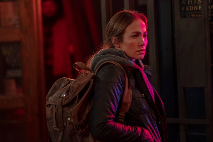Jennifer Lopez wears a leather jacket and backpack in The Mother.