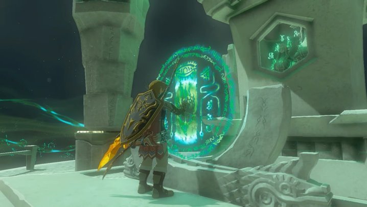 Link next to Shrine in Tears of the Kingdom.