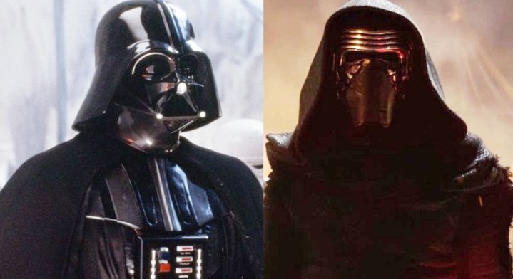 A split image of Darth Vader and Kylo Ren in Star Wars movies.
