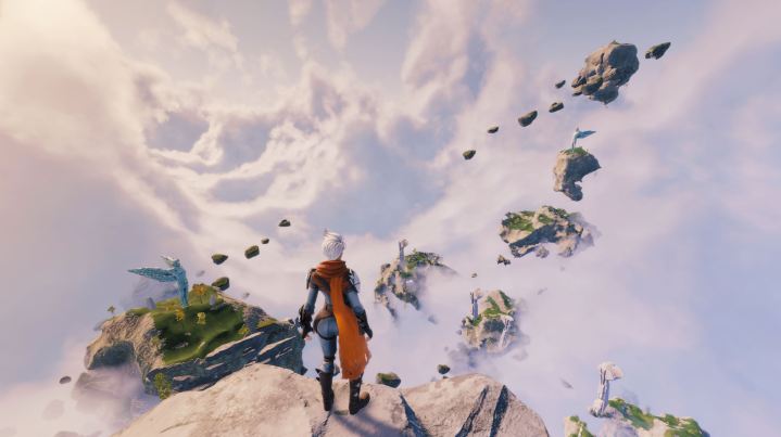Um jogador fica na beira de uma ilha do céu em Lost Skies.