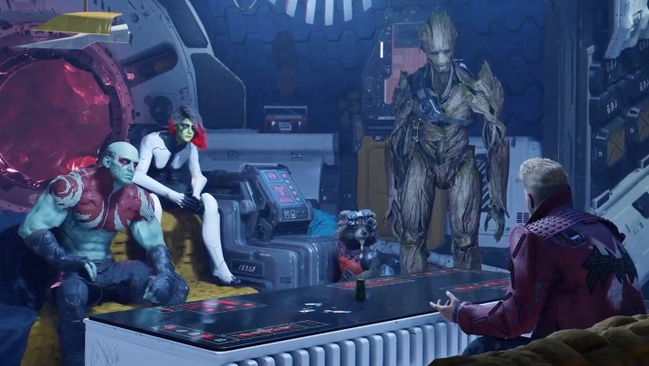 The Guardians all look at Star-Lord in Marvel's Guardians of the Galaxy.