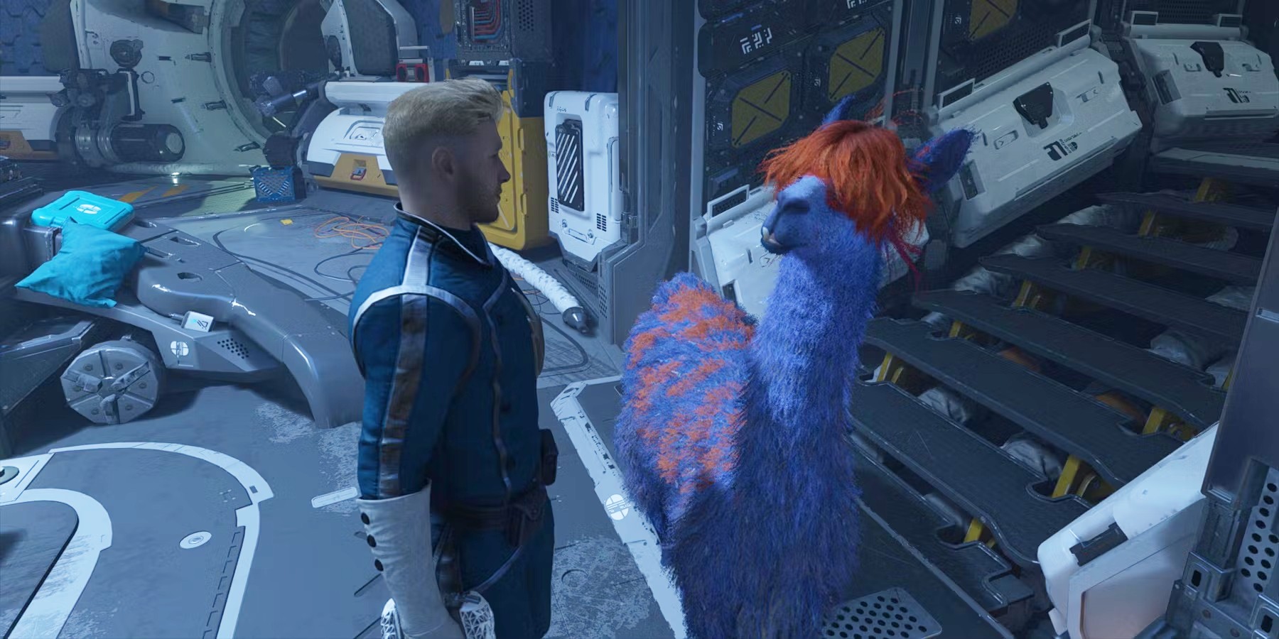 Star-Lord fala com uma lhama em Guardiões da Galáxia da Marvel.