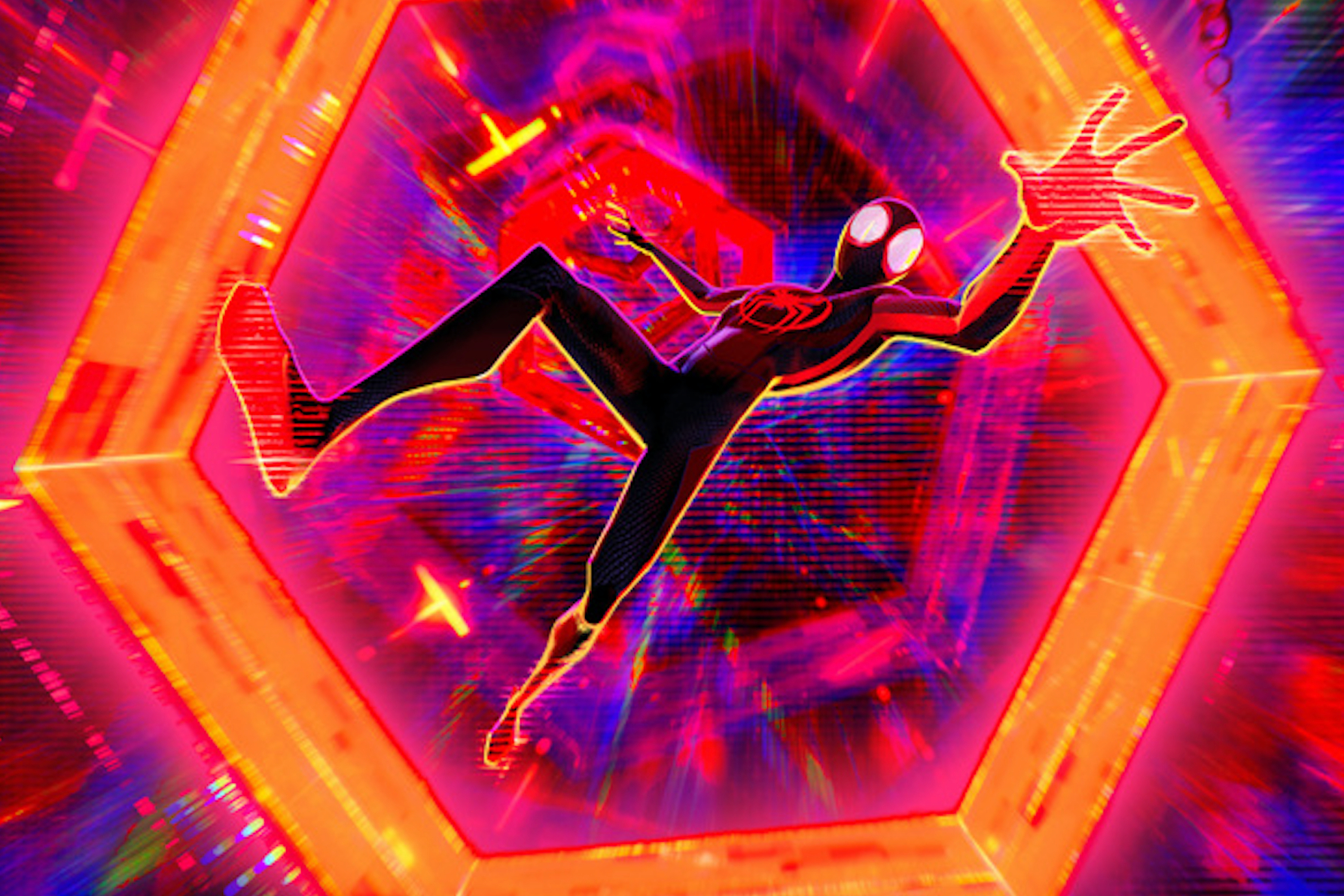 Miles Morales cai através de um portal multiverso em Spider-Man: Across the Spider-Verse.