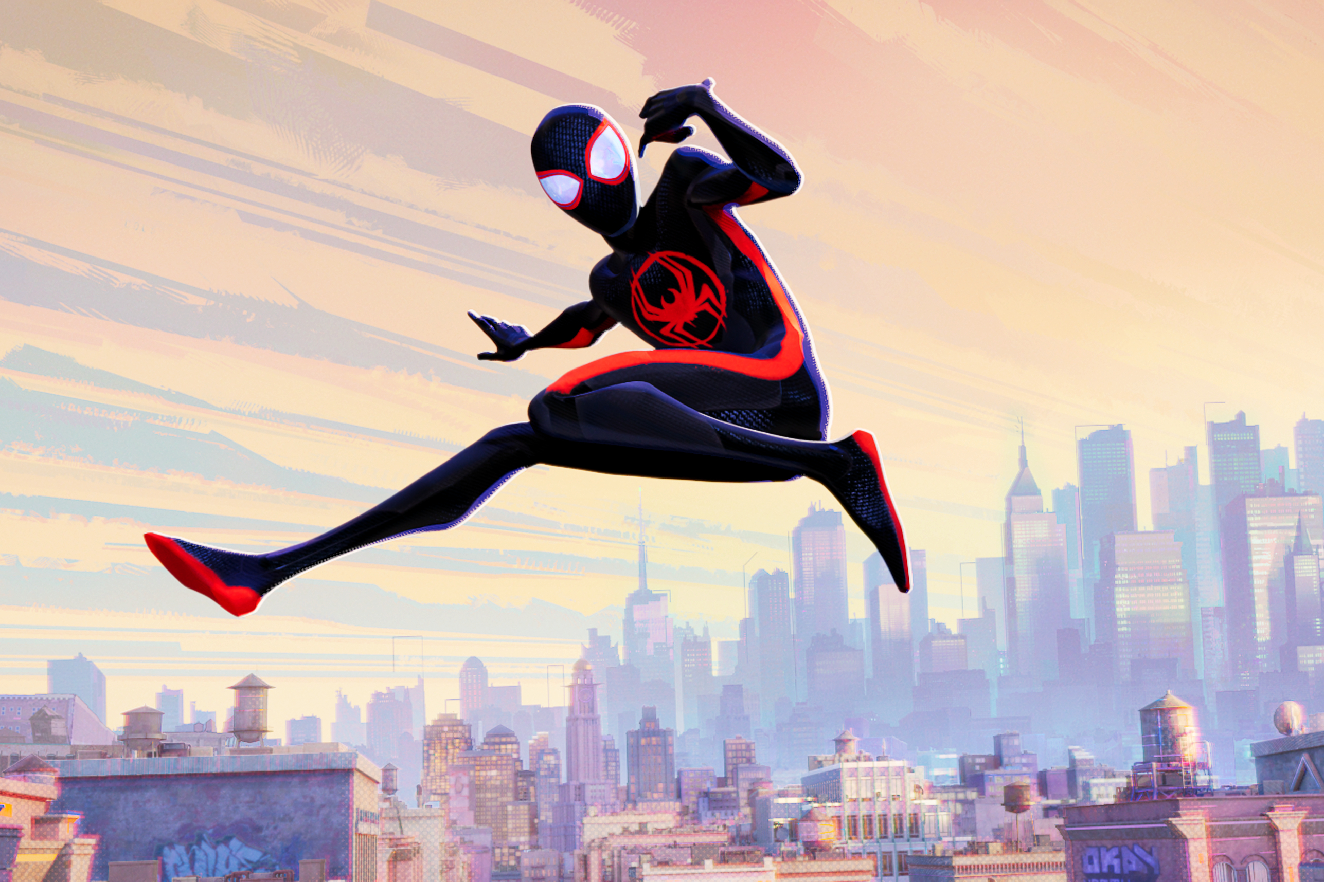 Miles Morales voa pelo ar em Spider-Man: Across the Spider-Verse.