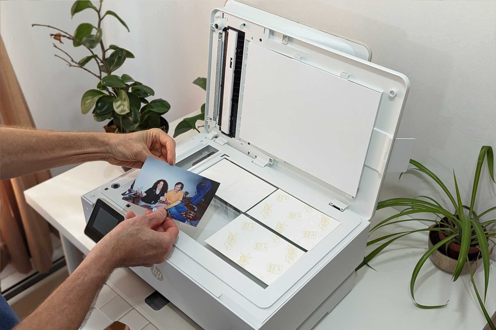 Placing photos on the HP Envy Inspire 7955e's flatbed scanner.