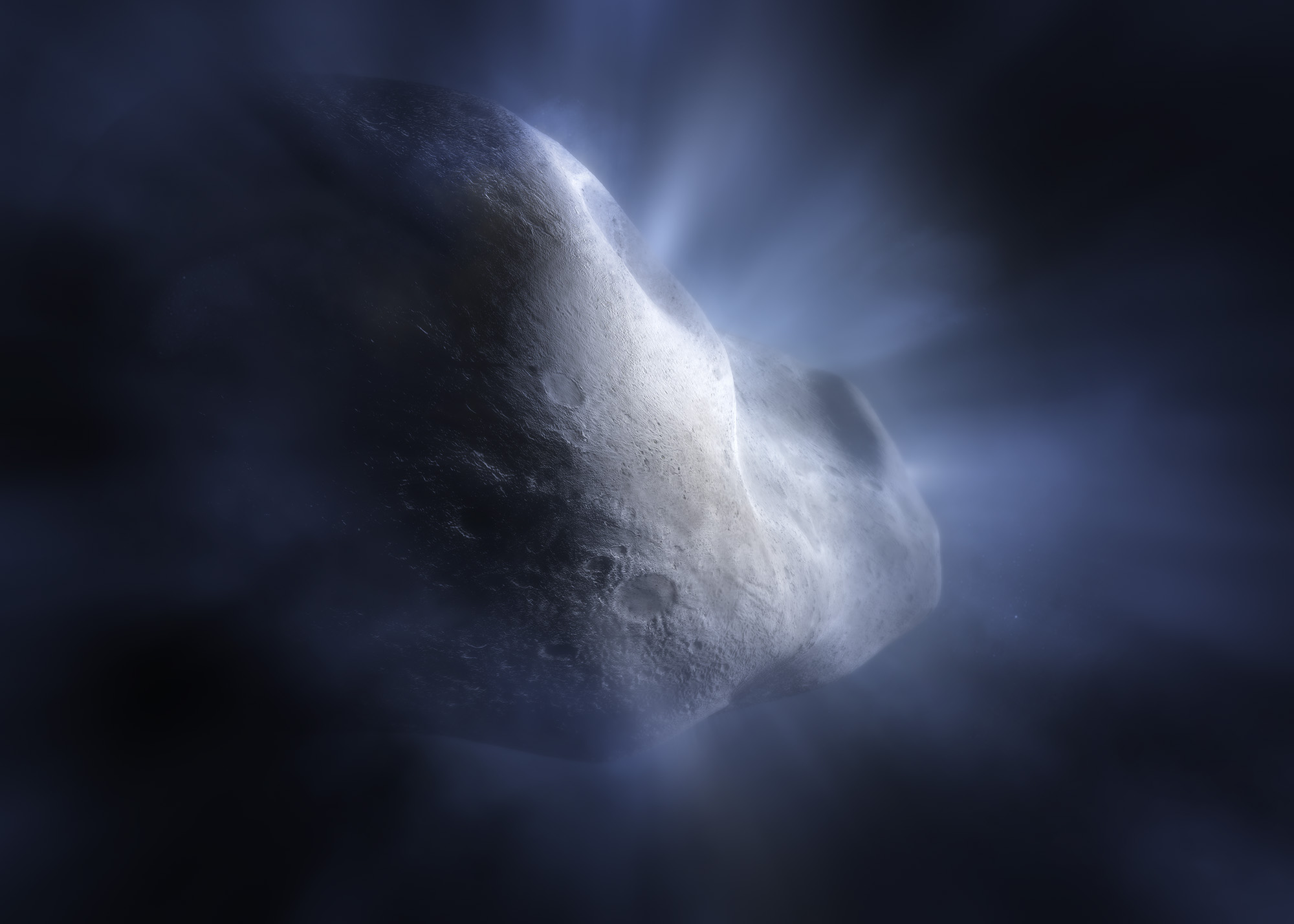 Esta ilustración del cometa 238P/Read muestra el cometa del cinturón principal sublimándose: su hielo de agua se vaporiza a medida que su órbita se acerca al Sol. Esto es significativo, ya que la sublimación es lo que distingue a los cometas de los asteroides, creando su cola distintiva y halo nebuloso, o coma. Es especialmente importante para el cometa Read, ya que es uno de los 16 cometas identificados del cinturón principal que se encuentran en el cinturón de asteroides, a diferencia del más frío Cinturón de Kuiper o la Nube de Oort, más distantes del Sol. El cometa Read fue uno de los tres cometas utilizados para definir la clase de cometas del cinturón principal en 2006.