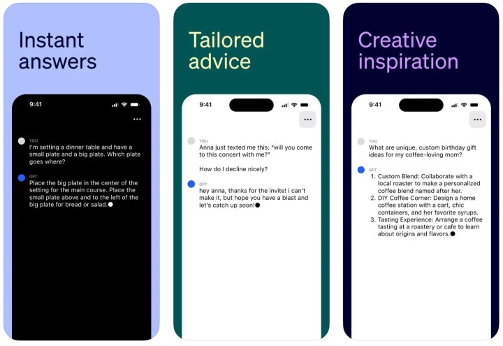 Three different screens from the official iOS app.