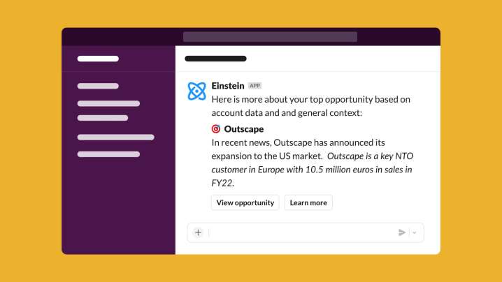 A mockup image of Slack's Slack GPT chatbot, showing the Einstein GPT tool suggesting a new sales opportunity.